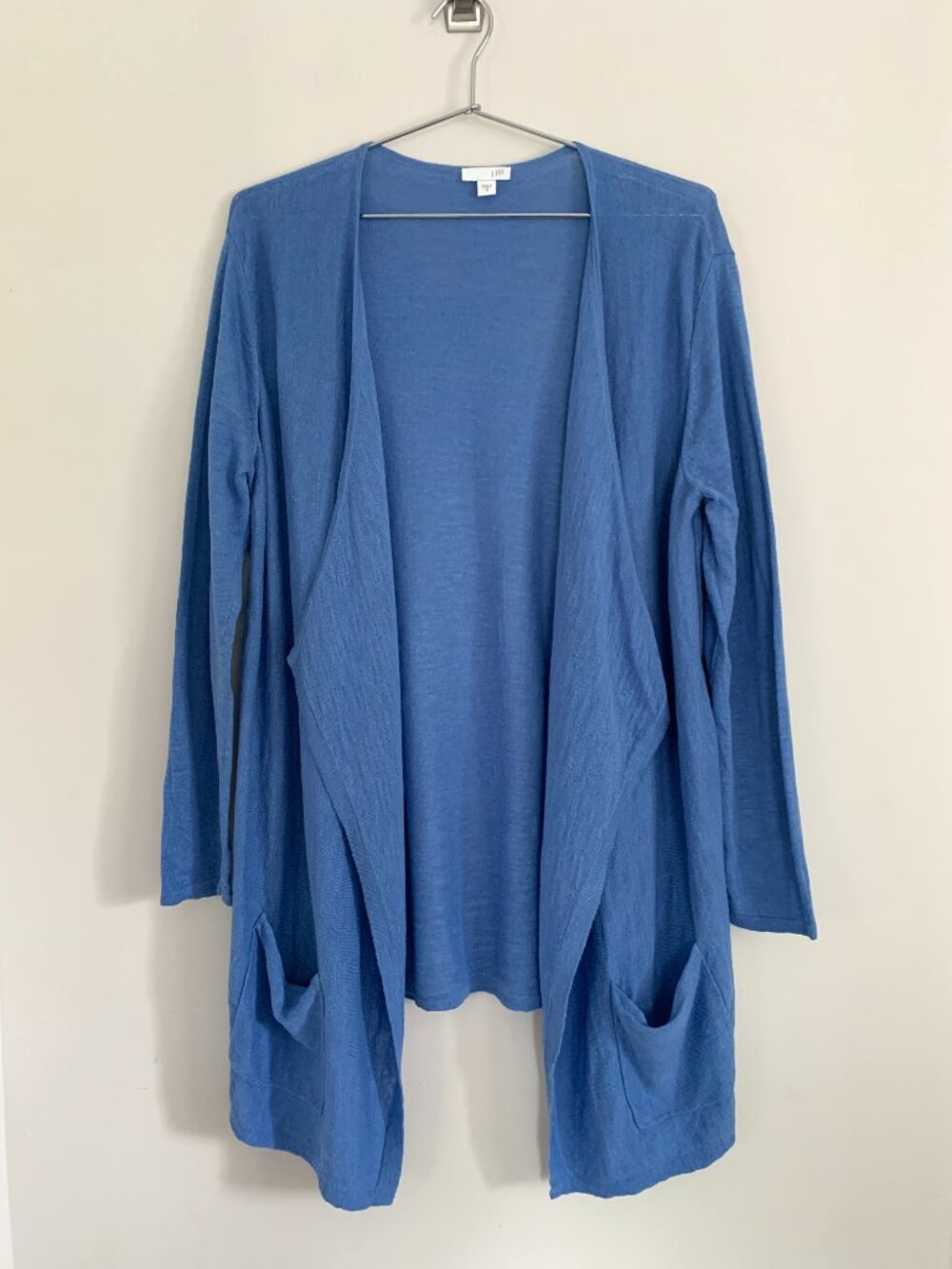 J Jill Linen Blend Open Front Draped Longline Cardigan Sweater Indigo Blue M